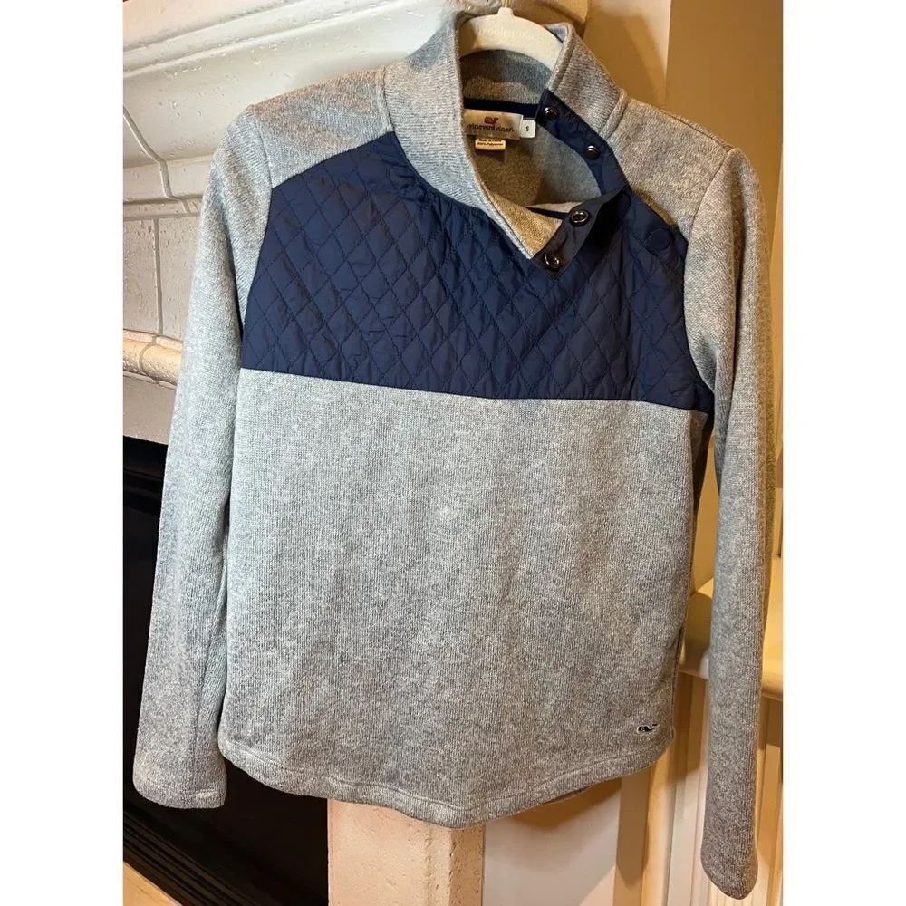 Vineyard Vines Women’s Mixed Media Quilted Pullover Navy Blue Grey Size Small